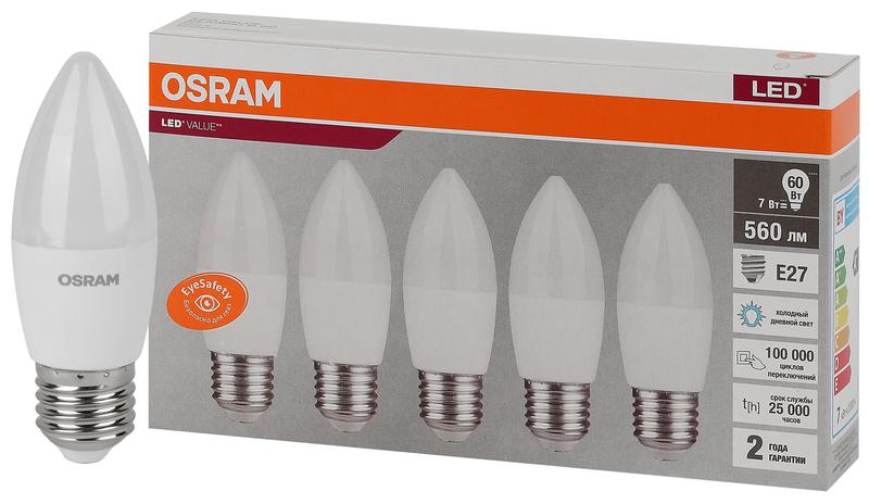 Лампа светодиодная LED Value LVCLB60 7SW/865 свеча матовая E27 230В 2х5 RU (уп.5шт) OSRAM 4058075578074